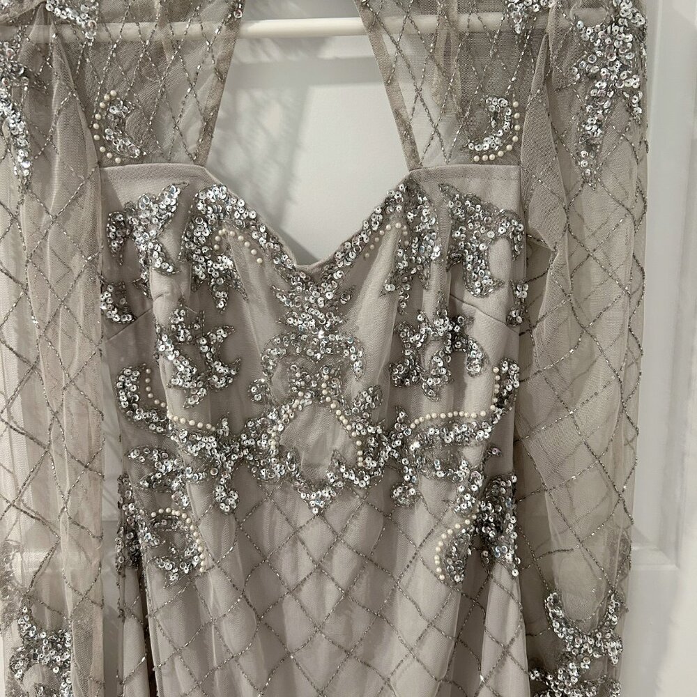 Boohoo Beaded Tassel Silver Mini Dress Long Sleeve - Picture 5 of 12